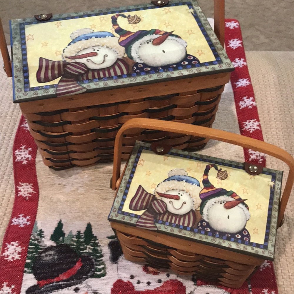 Holiday Christmas Snowman set of two baskets with hinged lids & swinging handle